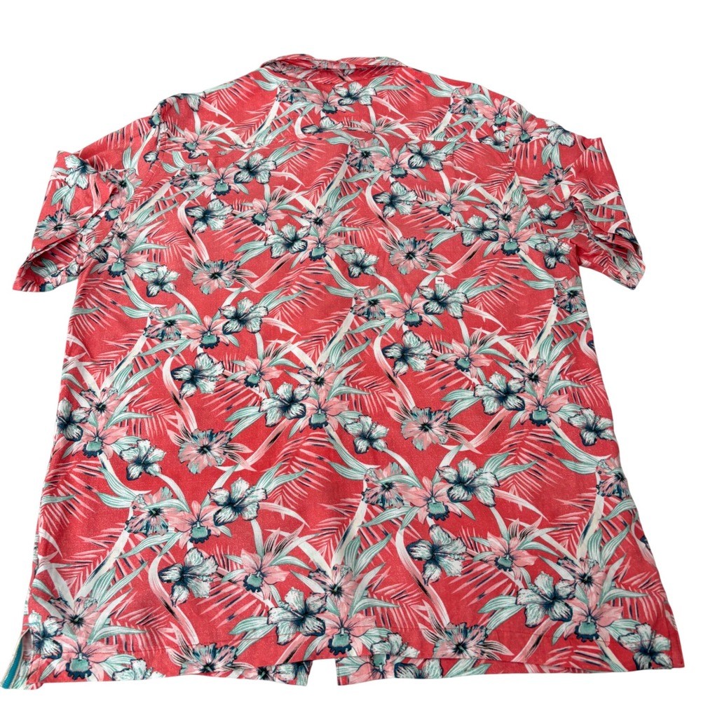 Caribbean Joe Mens Large Tropical Floral Rayon Button Down Shirt Coral Pink Blue - Picture 2 of 8